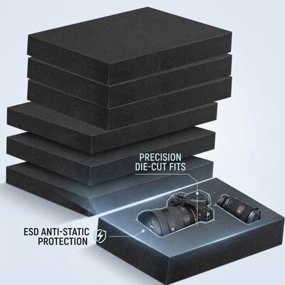 แผ่นโฟมนำไฟฟ้า ESD สีดำ แบบตัดไดคัท โฟม EVA ป้องกันไฟฟ้าสถิต สำหรับบรรจุภัณฑ์รองรับแผงวงจร PCB IC สำหรับการขนส่ง